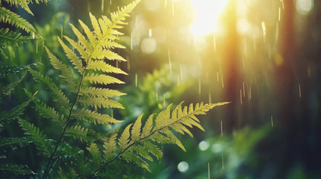Sunbeams Through Rainfall Illuminating Lush Green Ferns in a Tropical Rainforest Paradiseの素材
