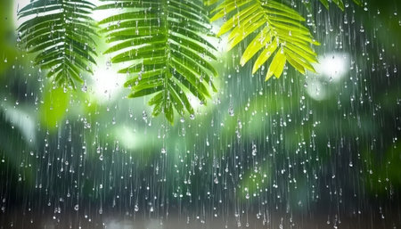 Tropical Rain, Lush Green Foliage, Rainforest Serenity Natures Beauty in Monsoon Season.の素材