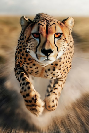 Cheetah in Motion Powerful Cat Sprints Across Dusty Plains at Dawn, Wildlife in Actionの素材