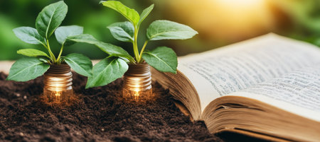 Green Plant Growing From Light Bulb With Old Book, Symbolizing Knowledge And Sustainability.の素材