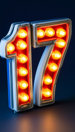 Lights, Camera, Seventeen Retro Marquee Number 17 On, Glowing With Warm Incandescent Bulbs.の素材