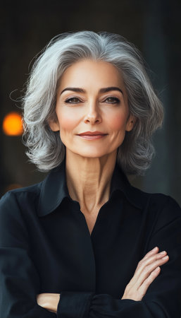 Confident and Stylish, Portrait of a Senior Woman with Gray Hair, Embracing Age with Grace.の素材