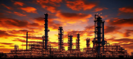 Industrial Plant Silhouette, Oil and Gas Refinery Factory at Dramatic Sunset, Petrochemical Industryの素材