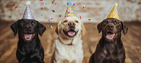 Three playful dogs wearing birthday hats, sit for a celebratory photo amidst colorful confettiの素材