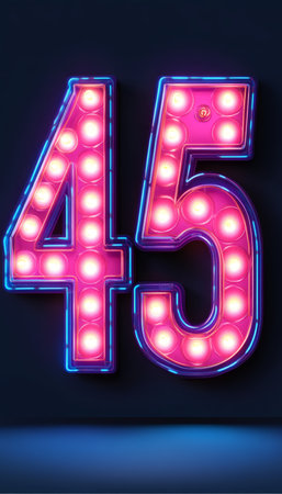 Number 45 Pink Neon Sign on Dark Background, Showbiz or Retro Style with glowing Light Bulbsの素材
