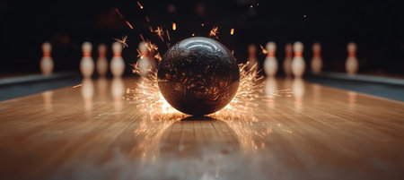 A Bowling Ball Rolling Down a Bowling Alley, Throwing Sparks With Motion Blur and Copy Spaceの素材