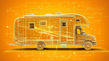 Wireframe Model of a Modern RV on an Abstract Technological Background. 3D Rendering.の素材