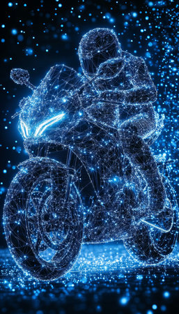 Abstract Sports Motorcycle Formed From Blue, Glowing Particles On A Dark Background. Sparkly Trail.の素材