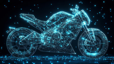 Futuristic Motorcycle Formed by Glowing Lines and Points, Representing Innovation in Technology.の素材