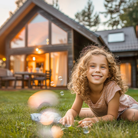 Carefree Childhood Little Girl Enjoys Bubbles in the Backyard of a Modern Country Houseの素材