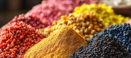 Vibrant Heap, Colorful Spice Market Display of Aromatic Turmeric, Peppercorns for Culinary Usesの素材