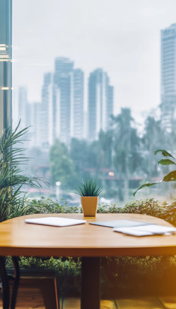 Cozy Cafe Interior Table by the Window with City Skyline View On a Rainy Day with Plantsの素材