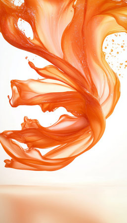 Abstract Dynamic Splash of Vibrant Orange Paint, Liquid in Mid Air. Isolated on Whiteの素材