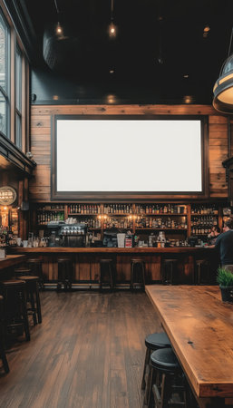 Empty Rustic Pub Interior Bar, Stools, and Large Blank Frame on Wooden Wall, Perfect for Mockups.の素材