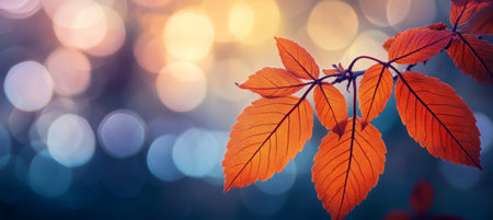 Close up Colorful Autumn Leaves against blurry blue and yellow Fall color Bokeh Backgroundの素材