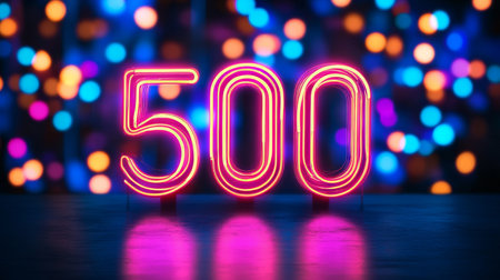Neon Number 500 on a Dark Background with Colorful Bokeh Lights and Reflections, 3D Renderの素材