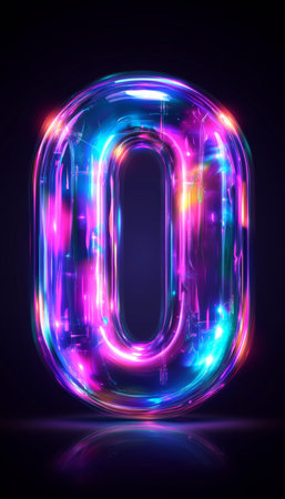 Number 0. Digit Zero in Vibrant Neon Style with Iridescent Colorful Texture, 3D Illustrationの素材