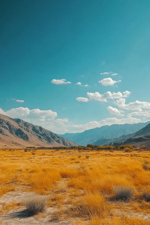 Golden Valley Floor, Majestic Mountains, and a Breathtaking Blue Sky with Clouds A Scenic Landscapeの素材