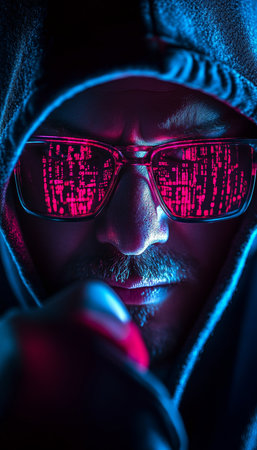 Cybersecurity, Hacker with Hoodie and Glowing Glasses in Neon Light, Hacking, Cybercrime Conceptの素材