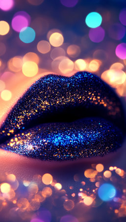 Close-up, Sensual Lips Adorned with Blue and Gold Glitter, Sparkling Background, Beauty and Fashionの素材