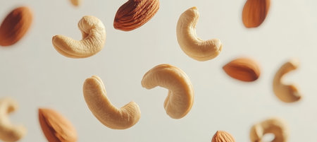 Assortment of Delicious Nuts Falling or Flying, Healthy Snack on Off-White Backgroundの素材
