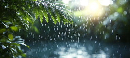 Lush Green Fern Leaves Catching Rain Drops in Tropical Jungle Setting with Serene Sunset Backgroundの素材