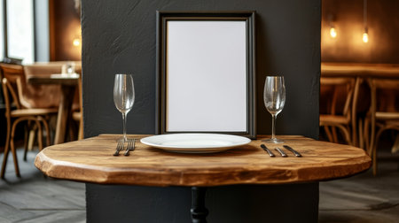 Rustic Restaurant Table Setting with Empty Plate, Wine Glasses, Cutlery, and Blank Menu Frameの素材