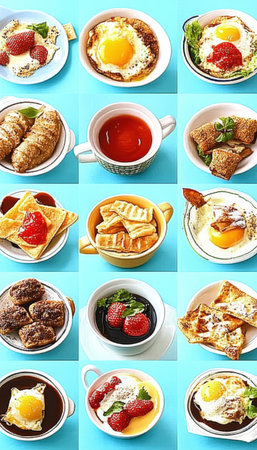 Breakfast, Lunch, and Snack Food Collage, Assorted Global Culinary Delights and Beveragesの素材