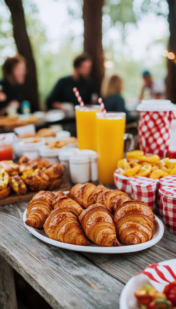 Outdoor Continental Breakfast Fresh Croissants, Juice, and Coffee Create an Idyllic Settingの素材