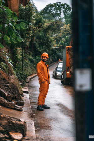 Young Engineer in Bright Orange Overalls Observes Rain-Affected Road Conditions During Recoveryの素材