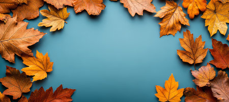 Flat Lay of Colorful Autumn Leaves on a Vibrant Teal Background with Empty Space for Text or Designの素材