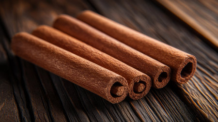 Four cinnamon sticks, whole fragrant spice for cooking and baking, placed on a rustic wooden tableの素材