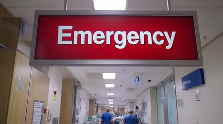 Hospital Emergency Room Entrance with Red Sign and Blurred Medical Staff in Backgroundの素材