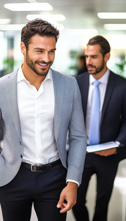Smiling Businessman Walking in Modern Office. Business, Teamwork Concept. 85 charactersの素材