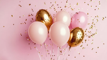 Pink and Gold Balloons with Confetti on Pink Background. Festive Celebration, Party Decorationの素材