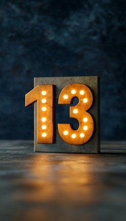 Number Thirteen, Illuminated Rustic Metal Sign on Dark Background with Dramatic Lightingの素材