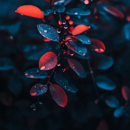 Close-Up Of Rain Drops On Red And Blue Leaves, Nature Background, Abstract Floral Pattern.の素材