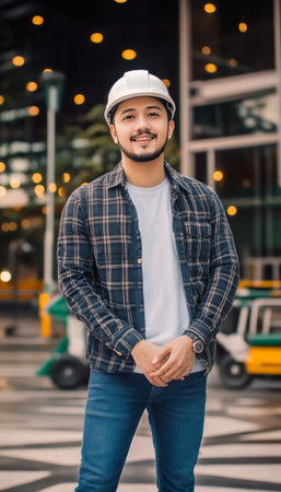 Portrait Of A Smiling Young Engineer In Hardhat, Standing Outdoors At A Construction Site.の素材