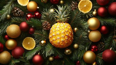 Tropical Holiday Festive Christmas Background with Greenery, Vibrant Ornaments  Ripe Pineappleの素材