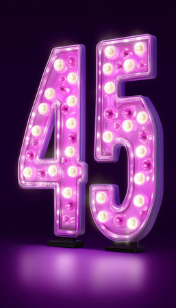 Number 45, Purple Marquee Light Bulb Sign In A Neon Style. 3d Rendering Illustration.の素材