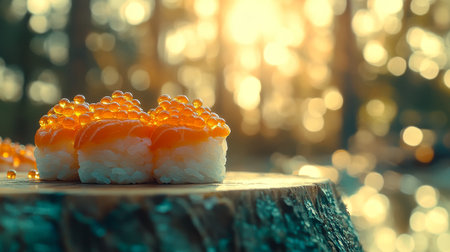 Salmon Roe Sushi with Sunlight Flare in the Forest, Japanese Cuisine, Food Photographyの素材