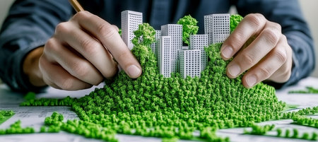 Hands Modeling a Sustainable Green City with Eco-Friendly White Paper Buildings for Urban Planningの素材