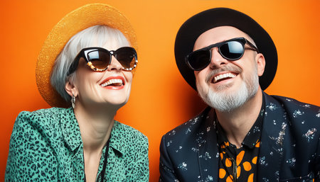 Stylish Senior Couple in Funky Hats and Sunglasses Share a Laugh, Vibrant Orange Backgroundの素材
