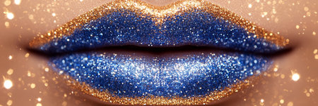 Close-Up of Glittering Blue and Gold Lips Perfect for Beauty, Fashion, Makeup, Cosmetic Imageryの素材