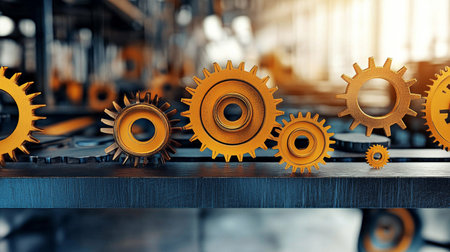 Industrial Gears and Cogs Background, Representing Innovation, Engineering, and Technology Concept.の素材