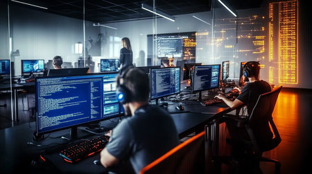 Modern Software Development Team In Office Cyberpunk Aesthetics, Working on Code, Focused Teamの素材