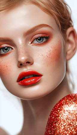 Portrait of a Beautiful Young Woman with Freckles and Red Lipstick on a White Backgroundの素材