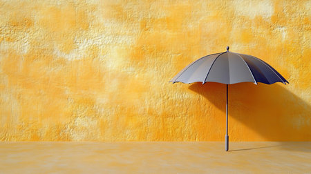 Open Umbrella Casting Shadow, Yellow Wall Background, Protection, Minimalism, Conceptの素材
