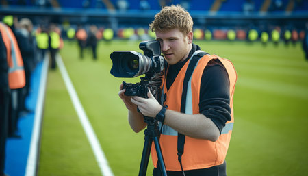 Professional Videographer In Safety Vest Working With Camera On Tripod On Football Fieldの素材