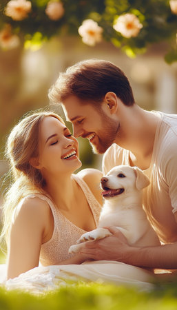 A Day Filled with Sunshine Couple Laughs and Embraces Their Adorable Puppy In Magical Rosy Garden.の素材